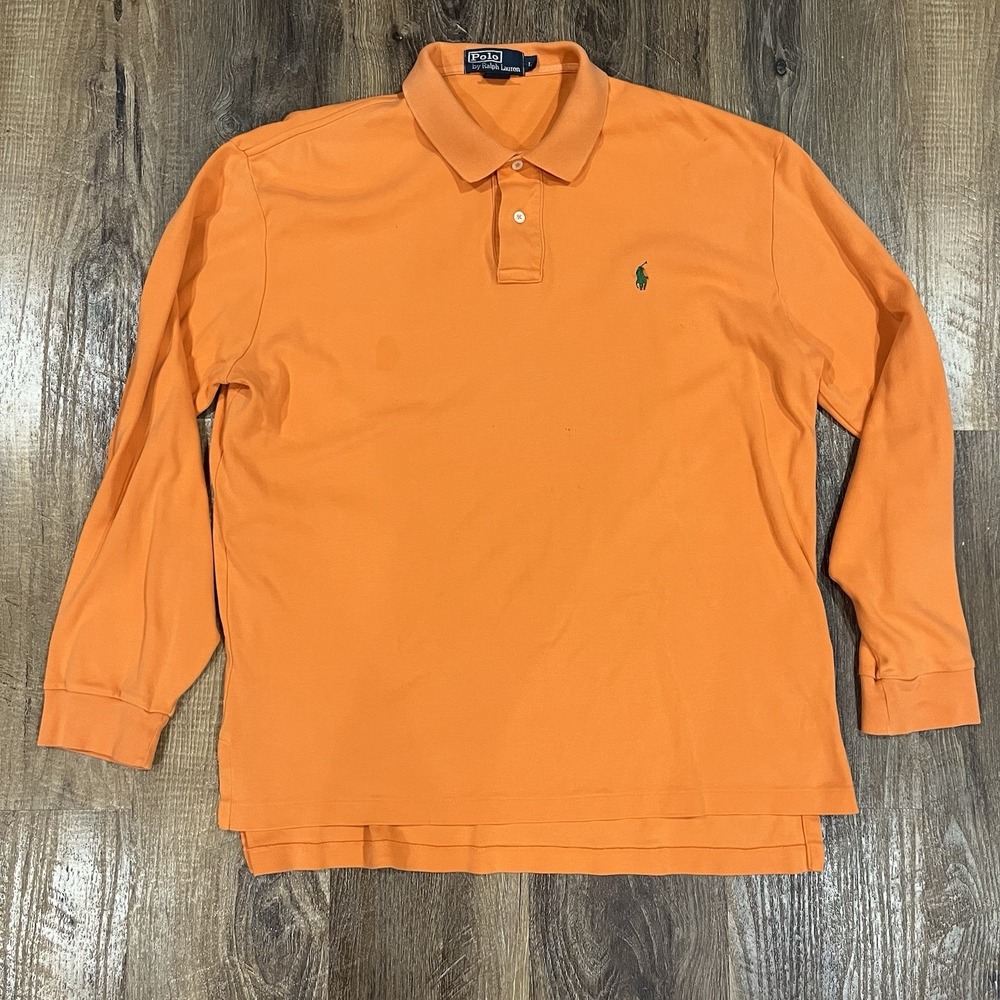 Ralph Lauren Long Sleeve Polo Shirt Mens Size L Orange Green Pony